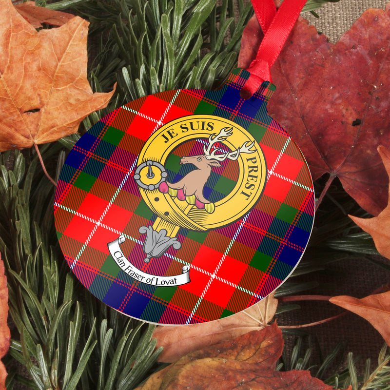 Fraser of Lovat Clan Crest and Tartan Metal Christmas Ornament - 6 Styles Available