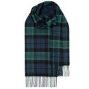 Cozy Bowhill Standard Tartan Lambswool Scarf draped elegantly, emphasizing its soft lambswool material and stylish tartan design.