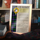 Galbraith Clan History Print showing the clan crest and tartan, available framed or unframed, perfect for clan members as a unique gift.