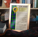 Gordon Clan History Print featuring the clan crest and tartan, available framed or unframed, perfect as a gift for clan members.