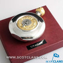 Graham Clan Crest Pewter Sporran Flask showcasing high-quality pewter craftsmanship with a golden thistle design, perfect for displaying your Scottish heritage.