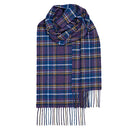 Elegant Bowhill Standard Tartan Lambswool Scarf draped over a winter coat, highlighting its versatile design and Scottish heritage.