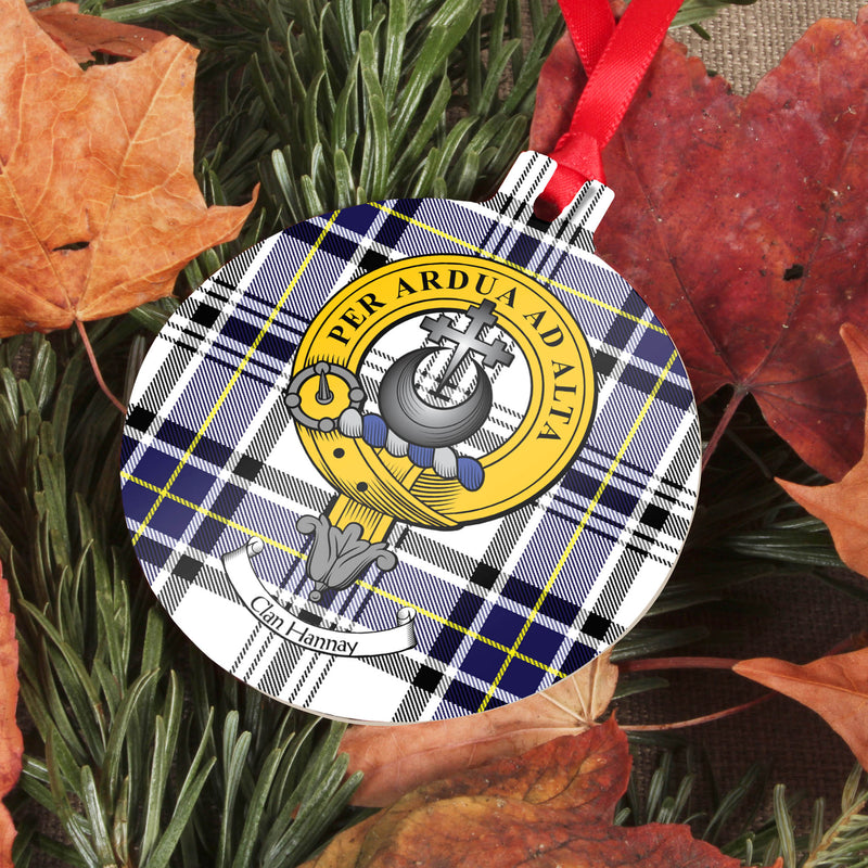 Hannay Clan Crest and Tartan Metal Christmas Ornament - 6 Styles Available