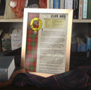 Hay Clan History Print featuring a beautiful crest and tartan on high-quality parchment paper, available in framed or unframed options.