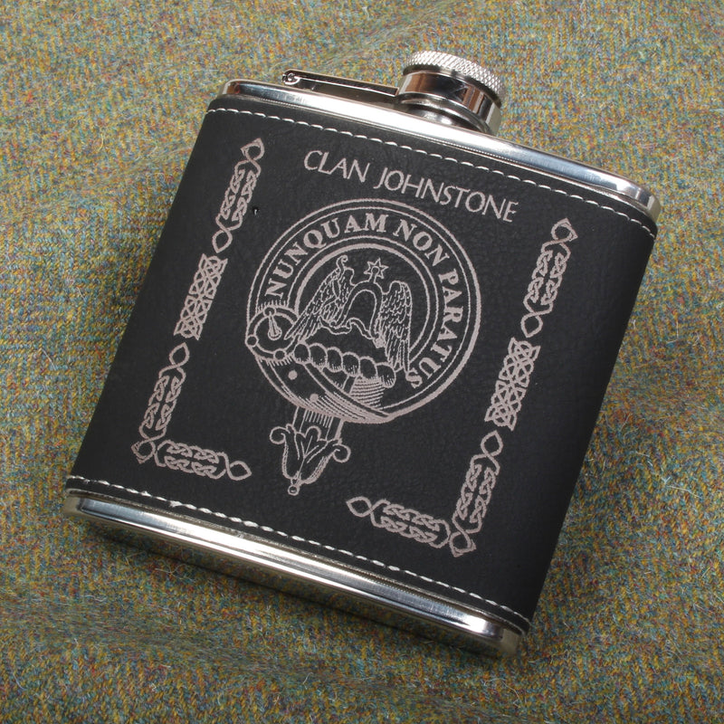 Clan Crest PU Leather Covered Hip Flask in Contrast Black