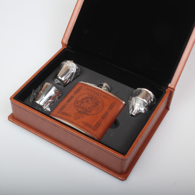 MacLaren Clan Crest Hip Flask Gift Set - Boxed