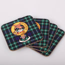 Graham Clan Crest and Tartan Wooden Coaster 4 Pack showcasing four elegantly crafted coasters made from premium wood with vibrant gloss finish, perfect for Scottish heritage decor.