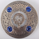 Grey Clan Crest Pewter Plaid Brooch showcasing a beautiful Celtic design with vibrant colored stones, perfect for celebrating Scottish heritage.