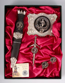 Murray Clan Crest Kilt Accessory Gift Set displaying stylish cufflinks and a distinctive kilt pin, ideal for Scottish heritage celebrations.