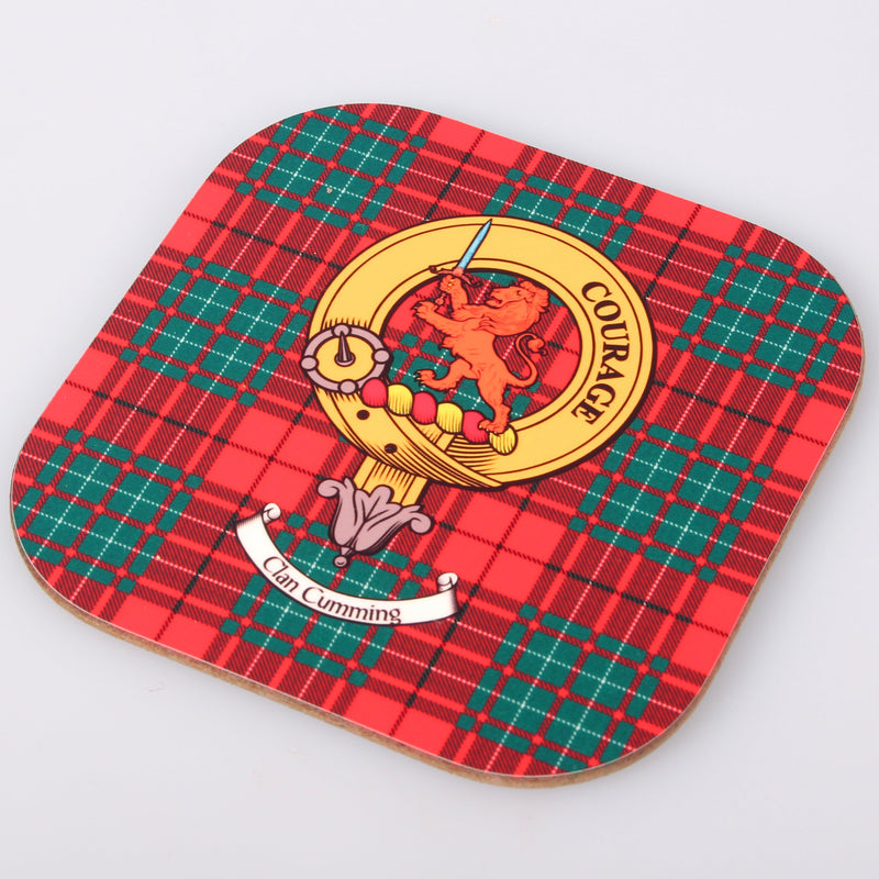 Cumming Clan Crest and Tartan Wooden Coaster 4 Pack