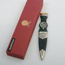 MacDonald Clan Crest Sgian Dubh - Stone Top, beautifully crafted Scottish knife featuring a gold foil backed stone and intricate thistle design, showcasing authentic Scottish craftsmanship.