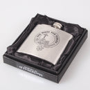 MacDonald of the Isles 6oz Engraved Clan Crest Hip Flask showcased against a stylish backdrop, highlighting its elegant design and personalized Clan crest.