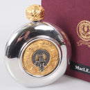 Clan Crest Pewter Sporran Flask with Gold Trim showcasing intricate thistle design and personalized clan crest, perfect for celebrating Scottish heritage.