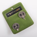 Crawford Clan Crest Pewter Cufflinks showcasing intricate craftsmanship and an antique palladium finish, perfect for expressing heritage and style.