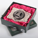 Cameron Pewter Clan Crest Buckle For Kilt Belts elegantly showcasing Scottish heritage, perfect for traditional attire and customizable with clan crests.