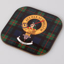 Gunn Clan Crest and Tartan Wooden Coaster 4 Pack showcasing high-quality wood craftsmanship with vibrant gloss finish, perfect for celebrating Scottish heritage.
