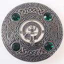 Ferguson Clan Crest Pewter Plaid Brooch showcasing unique Celtic design with colorful stones, perfect for expressing Scottish heritage.