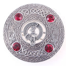 Colquhoun Clan Crest Pewter Plaid Brooch featuring a detailed Celtic design and colorful stones, perfect for showcasing Scottish heritage.