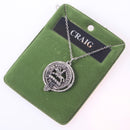 Craig Clan Crest Pendant made from high-quality pewter with a palladium finish, showcasing intricate details of Scottish craftsmanship and representing family heritage.