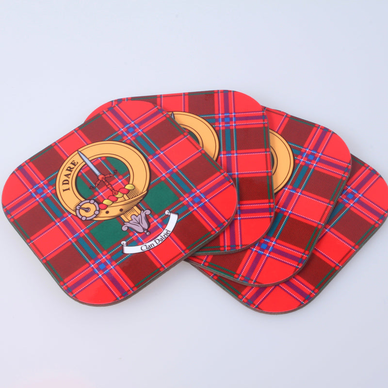 Dalziel Clan Crest and Tartan Wooden Coaster 4 Pack