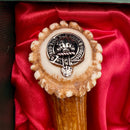 Close-up view of the Irvine Clan Crest Stag Horn Sgian Dubh showcasing its high-quality stainless steel blade.