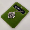 Buchanan Clan Crest Pendant displayed on a rustic background, highlighting its intricate design and quality craftsmanship by Art Pewter.