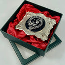 Stewart Pewter Clan Crest Buckle For Kilt Belts showcasing detailed pewter craftsmanship and clan crest design, perfect accessory for Scottish heritage attire.