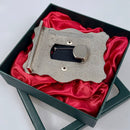 Stylish Stewart Pewter Clan Crest Buckle For Kilt Belts displayed in an elegant presentation box, ideal gift for celebrating Scottish traditions.
