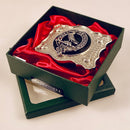 MacDonnell of Glengarry Pewter Clan Crest Buckle For Kilt Belts displaying intricate clan crest design, perfect for adding a touch of Scottish heritage to your outfit.