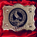 MacDonnell of Glengarry Pewter Clan Crest Buckle for Kilt Belts showcasing intricate design and Scottish heritage.