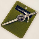 Clan Crest Pewter Kilt Pin with MacAlister Crest showcasing antique palladium finish and detailed craftsmanship, perfect for adding a Scottish touch to your attire.
