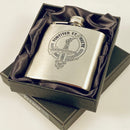 Elliot 6oz Engraved Clan Crest Hip Flask showcasing its elegant design and personalized Clan crest engraving, perfect for whiskey enthusiasts.