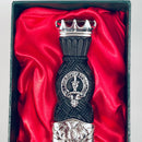 Close-up view of the MacKay Clan Crest Stone Top Thistle Design Sgian Dubh's durable stainless steel blade and decorative Celtic scabbard.