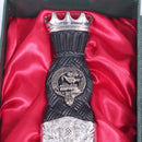 Elegant presentation of the Stewart Clan Crest Stone Top Thistle Design Sgian Dubh, displayed in an elegant box, perfect for gifting.