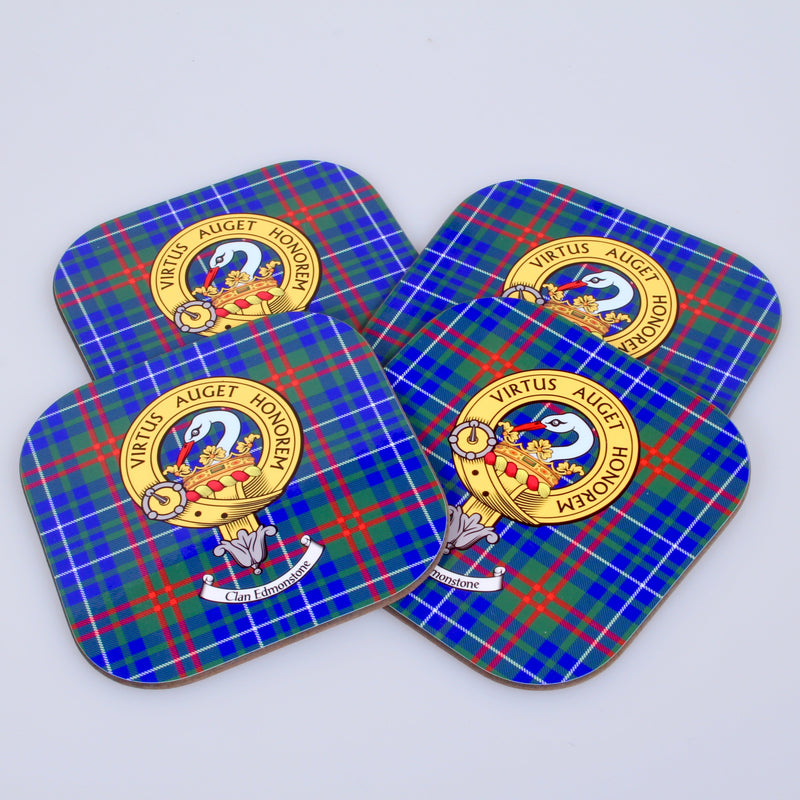 Edmonstone Clan Crest and Tartan Wooden Coaster 4 Pack