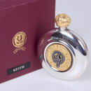 Keith Clan Crest Pewter Sporran Flask showcasing a gold-plated thistle design, perfect for carrying your favorite spirits in a stylish way, celebrating Scottish heritage.