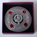 Detailed close-up of Livingstone Clan Crest Pewter Plaid Brooch, showcasing its crafted pewter finish and unique clan crest design.
