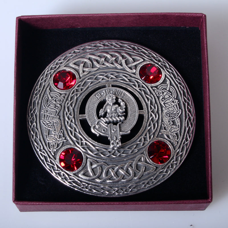 Clan Crest Pewter Large Plaid Brooch with Stones