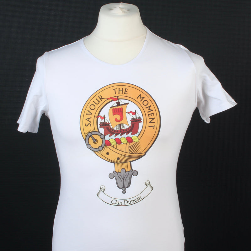 Duncan Clan Crest White T Shirt - Ladyfit  - Size Large to Clear