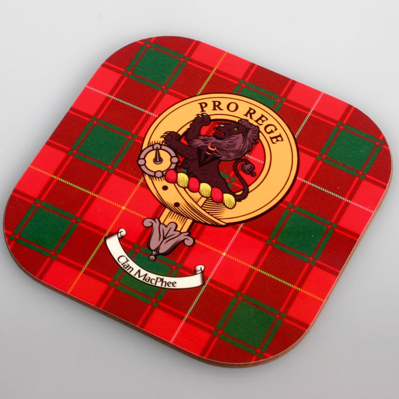 MacPhee Clan Crest and Tartan Wooden Coaster 4 Pack