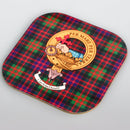 MacDonald Clan Crest and Tartan Wooden Coaster 4 Pack showcasing vibrant design in high-quality wood, perfect for adding a touch of Scottish heritage to your table setting.