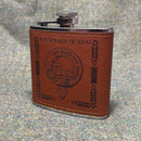 Clan Crest Leather Covered 6oz Hip Flask featuring a stylish laser engraved clan crest, perfect for toasting at celebrations or gatherings.