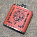 Johnstone Clan Crest PU Leather Covered Hip Flask, stylish and functional with durable stainless steel and elegant PU leather cover, perfect for outdoor adventures and special celebrations.