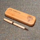 Elegant presentation of the Clan Crest Wooden Pen Case With Matching Pen, perfect as a thoughtful gift for celebrating Scottish heritage.