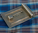 Stylish Gunn Pewter Clan Crest Buckle For Kilt Belts on a kilt belt, perfect for representing Scottish heritage and pride.
