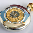 Hannay Clan Crest Pewter Sporran Flask showcasing a gold-plated thistle design insert with a personalized clan crest.