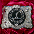 Close-up of the Elliot Pewter Clan Crest Buckle for Kilt Belts featuring a stunning clan crest badge on a durable leather pad, ideal for expressing Scottish heritage.