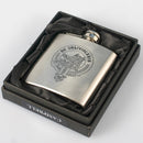 Campbell 6oz Engraved Clan Crest Hip Flask showcasing the unique clan crest, perfect for adventures and gathering, made from premium pewter.