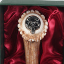 MacLeod Clan Crest Sgian Dubh in leather sheath, blending practicality and style for outdoor adventures.