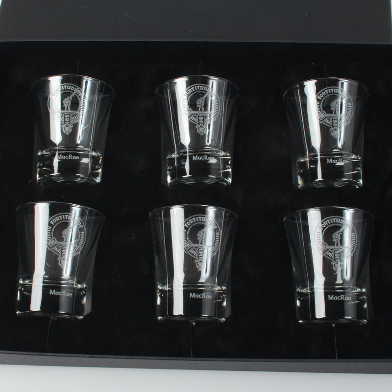 Clan Crest Dram Glass Set of 6 with MacRae Crest